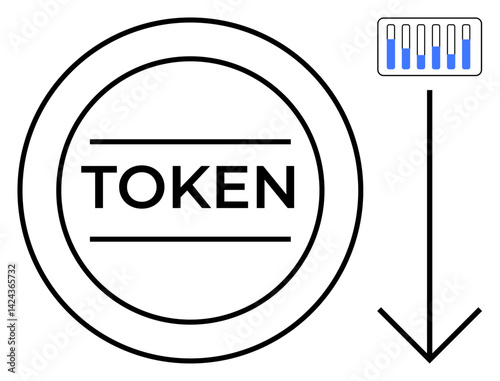 Circular token labeled TOKEN with a downward arrow and a rectangular bar chart, symbolizing exchange, transfer, finance, technology, investment, analytics, data, and a simple landing page