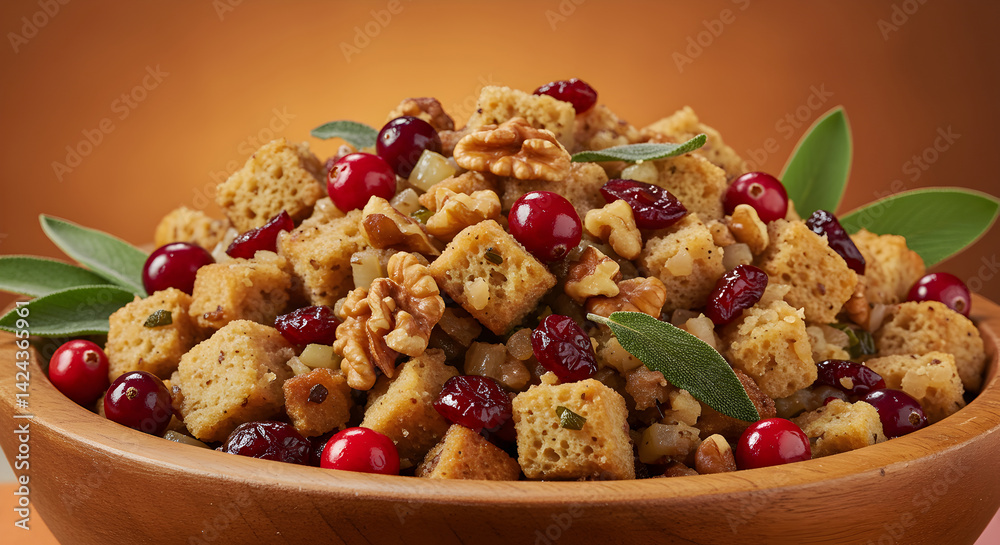 Fototapeta premium Savory Thanksgiving Stuffing with Cranberries and Walnuts in Wooden Bowl