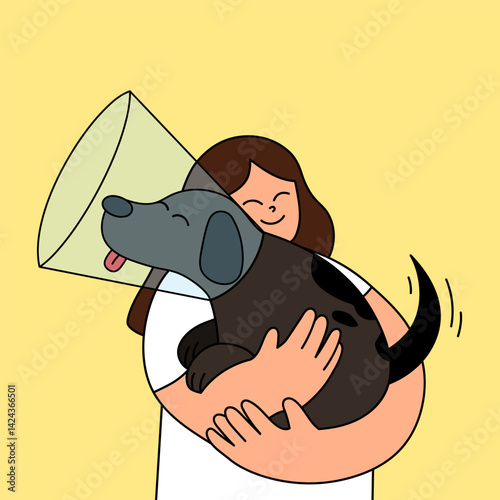 Vector illustration of a smiling woman hugging her injured brown dog wearing a protective cone. The image conveys love, care, and compassion for pets during their healing process. 