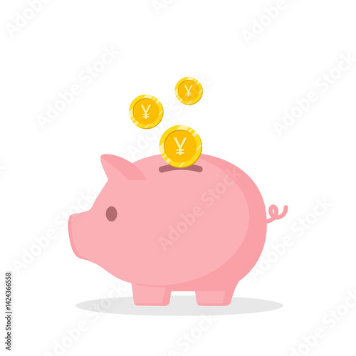 Piggy bank with yen currency coins save money vector illustration. Saving, investing and accumulation money. Pig in a flat style. Cute pig shaped money box with falling Japan gold coins.