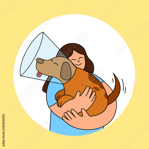 Vector illustration of a smiling woman hugging her injured brown dog wearing a protective cone. The image conveys love, care, and compassion for pets during their healing process. 
