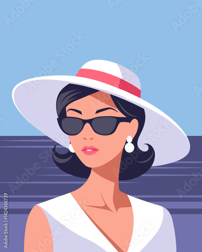 Beautiful woman in hat and sunglasses on the beach. Portrait of elegant woman. Summer illustration.