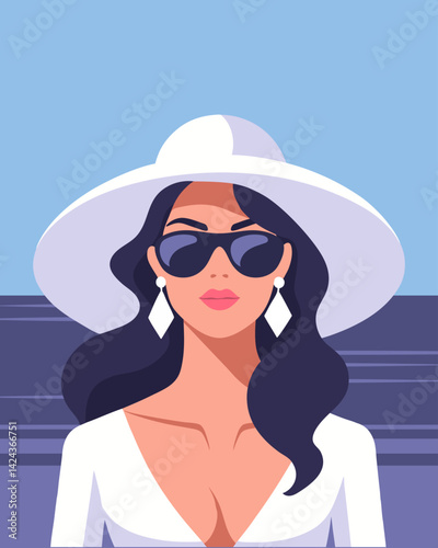 Beautiful woman in hat and sunglasses on the beach. Portrait of elegant woman. Summer illustration.