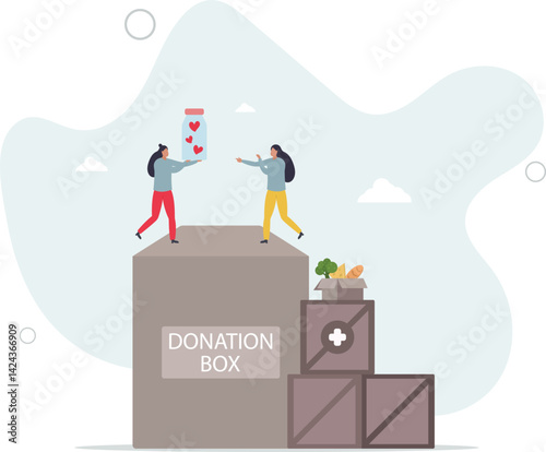 Cartoon tiny people donate money, love hearts and help to donation bank, volunteers give boxes with humanitarian aid to fundraiser volunteering organization.flat character life .