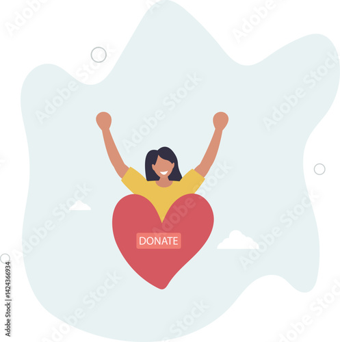 Woman hugging big heart with donate word. Assistance, humanitarian.flat character life .