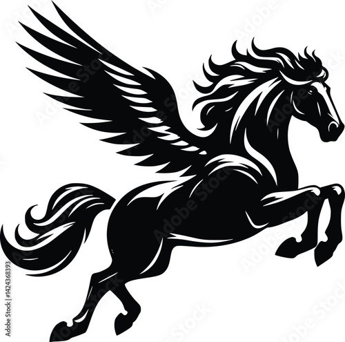 Flying pegasus black silhouette with wings mythical horse illustration representing fantasy creature design
