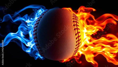Inferno Pitch: The Dual-Flamed Baseball with Blue and Red Fire, Racing Through the Darkness in Fiery Motion
