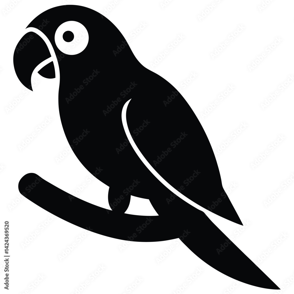 Obraz premium Black Silhouette Parrot Icon Bird Branch Tropical Avian Graphic