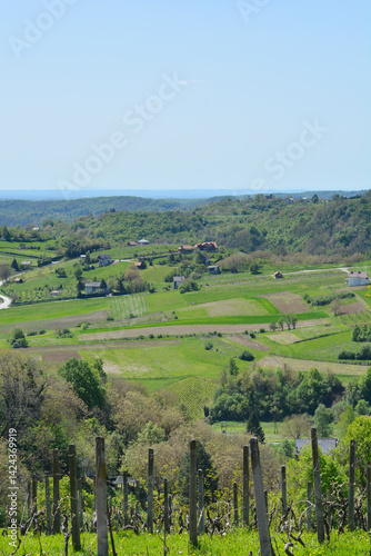 A picturesque view from Gornje Psarjevo in Croatia extends eastward over lush green fields and scattered houses under a clear sky