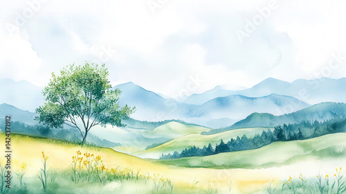 Watercolor painting of a landscape with mountains