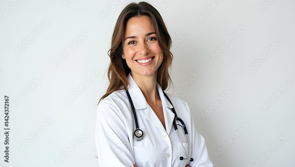 Fototapeta premium Smiling Female Doctor in Medical Uniform Isolated on White Background – Professional Healthcare Portrait