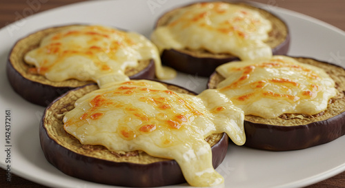 Deliciously melted cheese on eggplant slices in a gastronomic arrangement