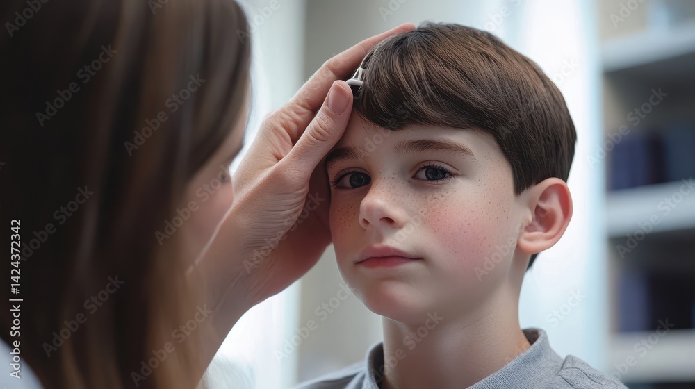 Fototapeta premium A doctor checking a child's forehead for fever.