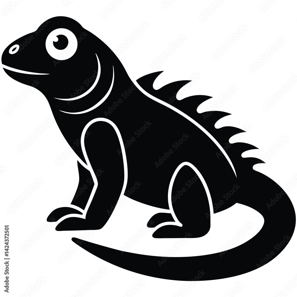 Obraz premium Cartoon Iguana Illustration, Black Silhouette, Reptile Design, Simple Art