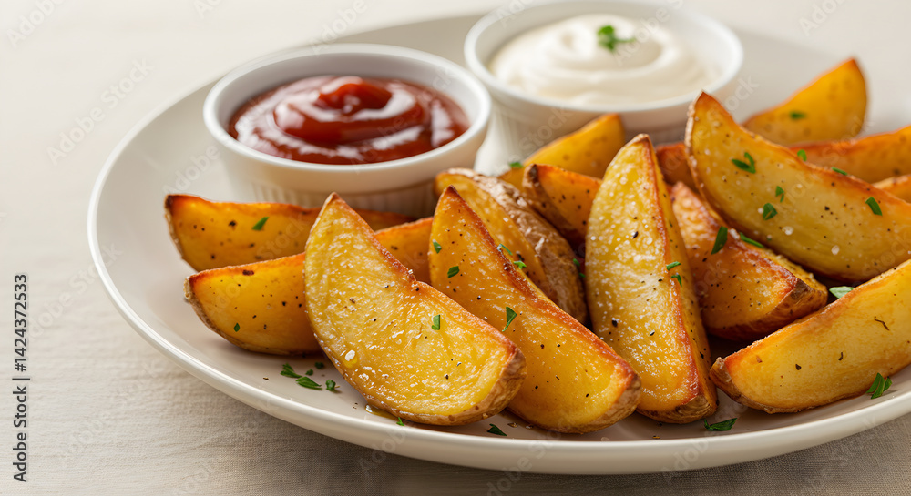 Delicious Potato Wedges Served with Creamy Dip and Tomato Sauce Delicious Potato Wedges Served with Creamy Dip and Tomato Sauce
