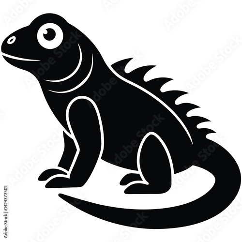 Cartoon Iguana Illustration, Black Silhouette, Reptile Design, Simple Art