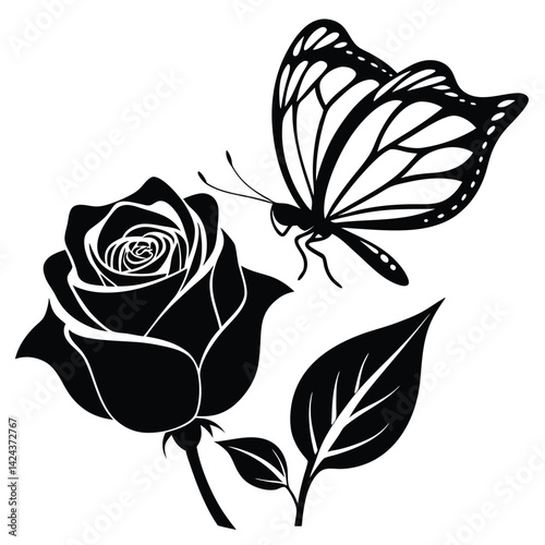 Elegant Black Rose and Butterfly Silhouette Clipart Design