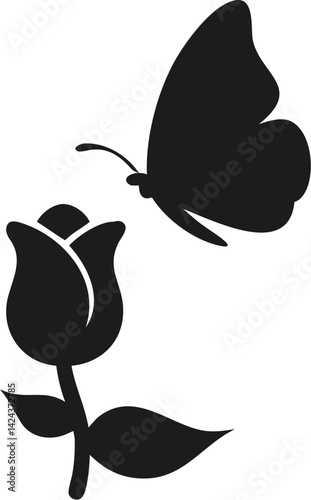 Silhouette Rose Bud and Butterfly Nature, Beauty, Symbolism, Elegance, Design