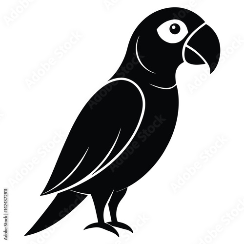 Black and White Parrot Silhouette, Tropical Bird Illustration