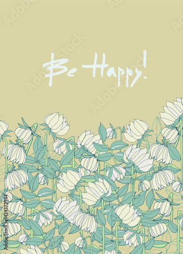 Happy Birthday greeting card design with floral decoration light and elegant. Hand-lettered greeting phrase