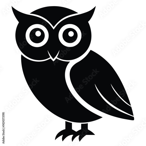 Vector illustration of majestic snowy owl, black and white bird, symmetrical silhouette art