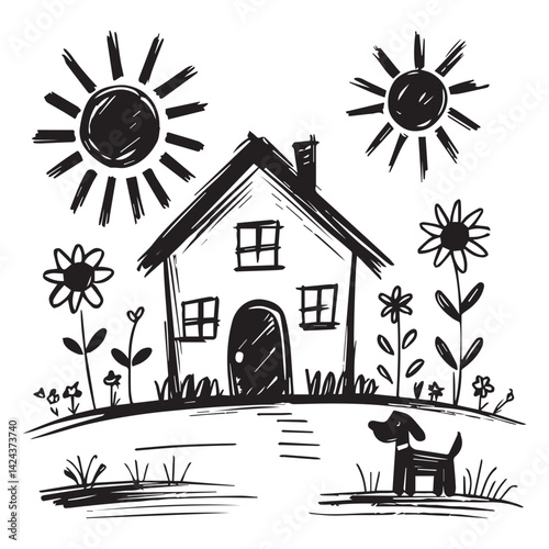 Child's hand-drawn sketch in crayon style, black crayon on white paper, simple and playful lines, imaginative doodles like a house, sun, stick figures, flowers, and a dog, rough and uneven strokes.
