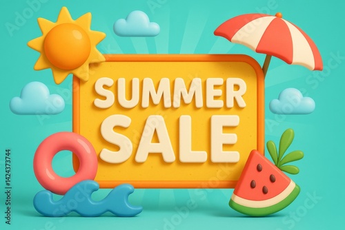 Summer Sale Decorations With Bright Colors, Beach Elements, and Playful Desig...