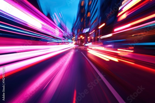Motion blurs of vibrant colors streaking through city streets, creating a dynamic abstract image