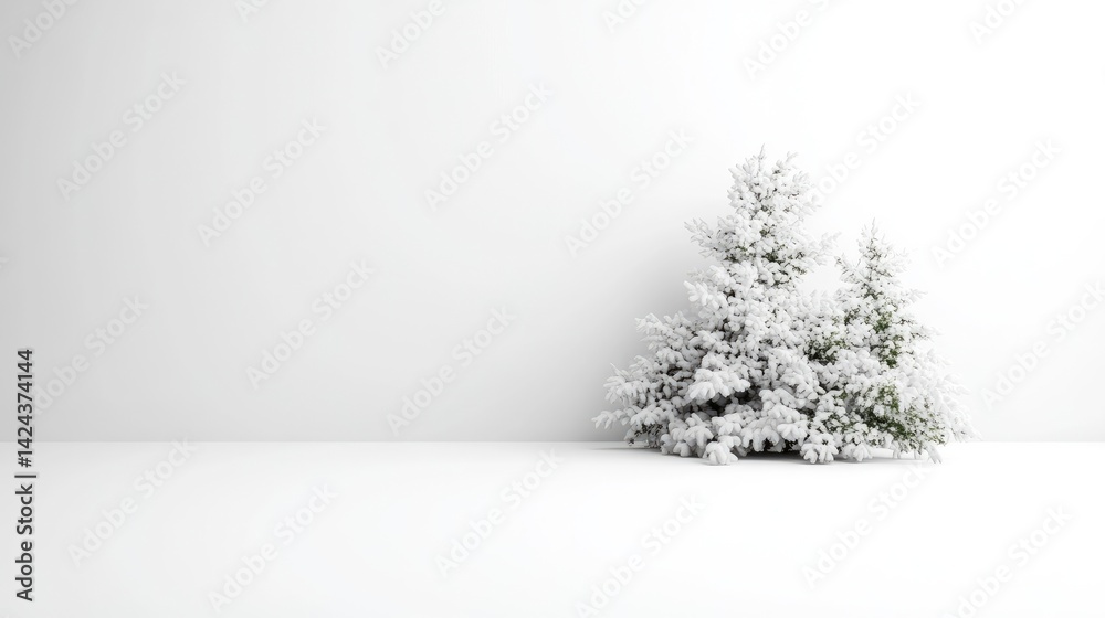 Fototapeta premium Minimalist white studio room background with two snow-covered fir trees on the right side and copy space.
