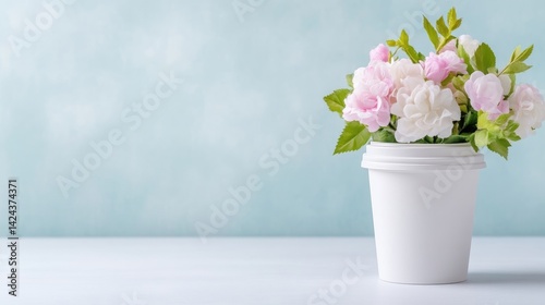 Wallpaper Mural A white ceramic pot filled with vibrant pink and white flowers sitting on a clean white surface against a soft pastel blue background, and minimalist floral arrangement. Torontodigital.ca