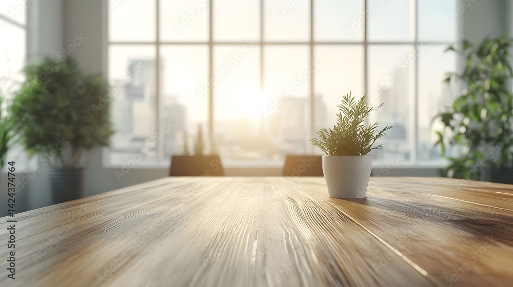 Fototapeta premium Cozy Interior with Wooden Table and Potted Plant in Sunlight