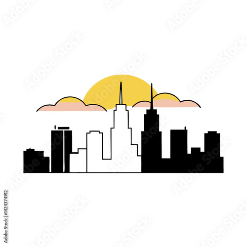 A city awakens at sunrise, a minimalist skyline bathed in warm yellow and peach hues, with a simple, bold graphic style.