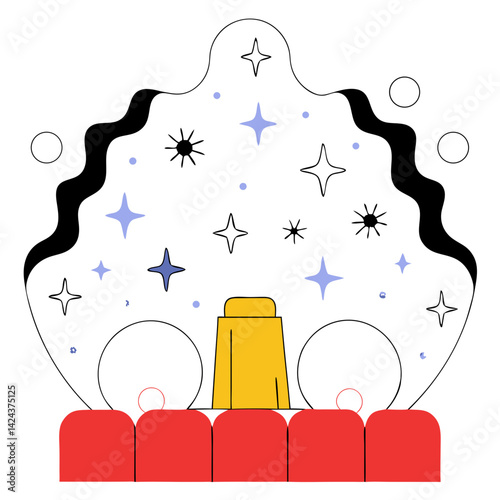 A magical movie premiere night, stars shining brightly above an excited audience in a stylized, minimalist illustration with bold colors and simple shapes.