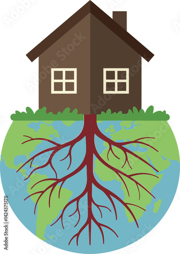 House with roots growing into the earth representing stability and connection to nature vector illustration