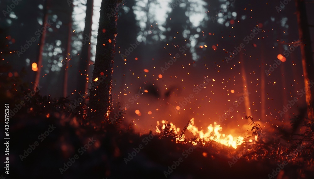 Obraz premium Forest ablaze. Ember glow illuminates smoky woods, creating a fiery, haunting scene