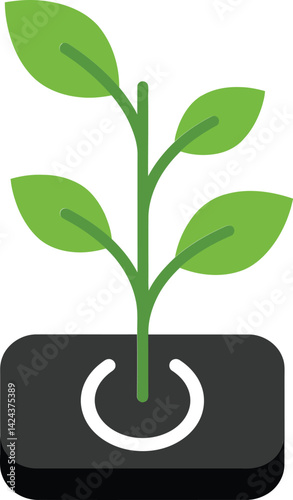Green plant sprout growing from a black square base symbolizing growth and sustainability vector illustration