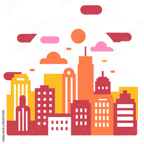 A vibrant city skyline basking in a warm sunset glow, showcasing simplified architectural forms and bold color palettes.