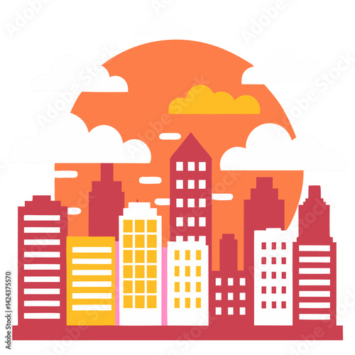 A vibrant city skyline basking in the warm glow of a setting sun, depicted in a bold, simplified style with flat colors and clean lines.