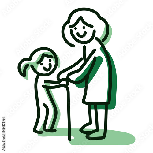 Elderly person assisted by a child with a walking cane  