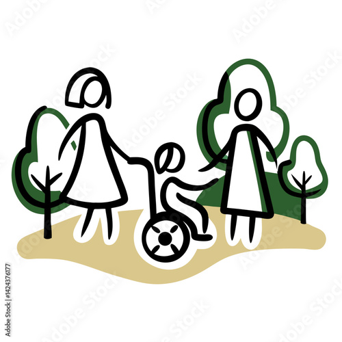 Intergenerational family enjoying a walk outdoors with a wheelchair  