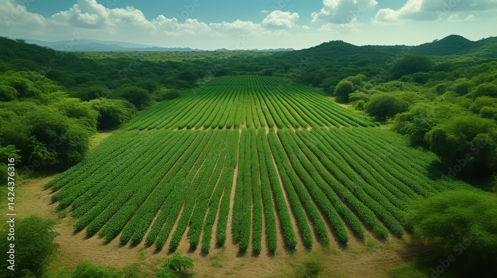 Fototapeta premium Lush green agricultural field with neatly organized rows and scenic landscape