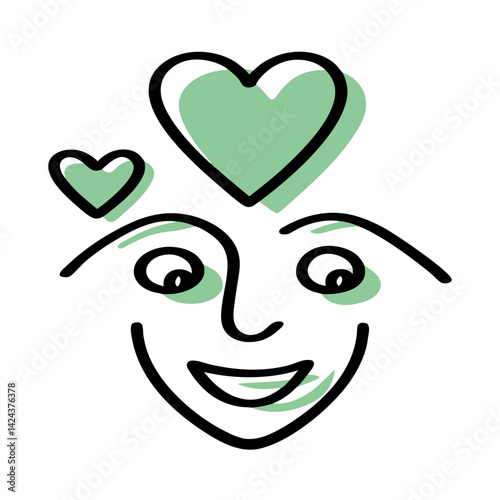 Smiling face with love hearts in a playful doodle style  
