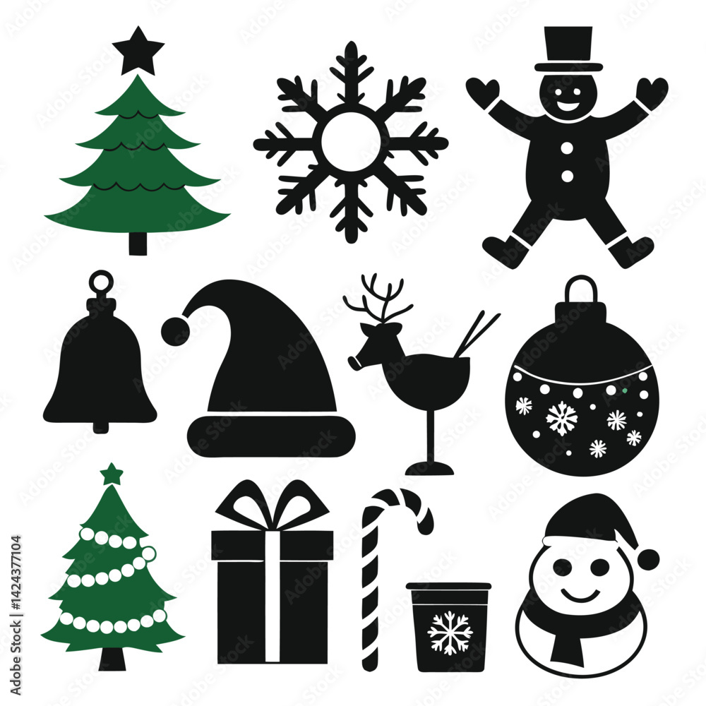 Fototapeta premium Christmas Icons Set Simple Black and Green Silhouettes