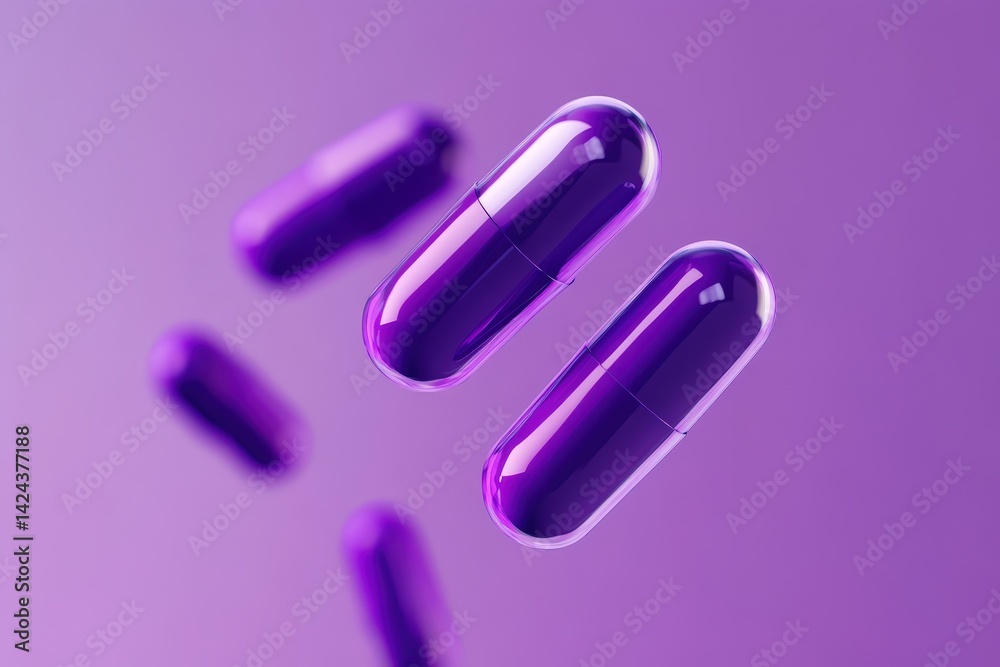 Purple medicine capsules in mid-air against a vibrant purple background. Purple medicine capsules in mid-air against a vibrant purple background.