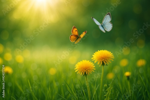 Beautiful Butterflies Flying Among Dandelions During a Sunny Afternoon in Spr...