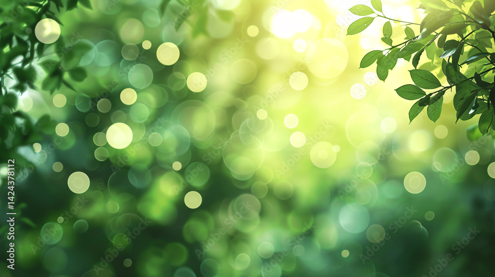 Obraz premium Sunlight shining through fresh green leaves creating a natural abstract bokeh background