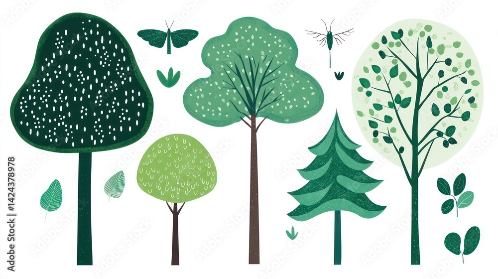 Fototapeta premium Stylized spring trees, insects, leaves; nature illustration, design element