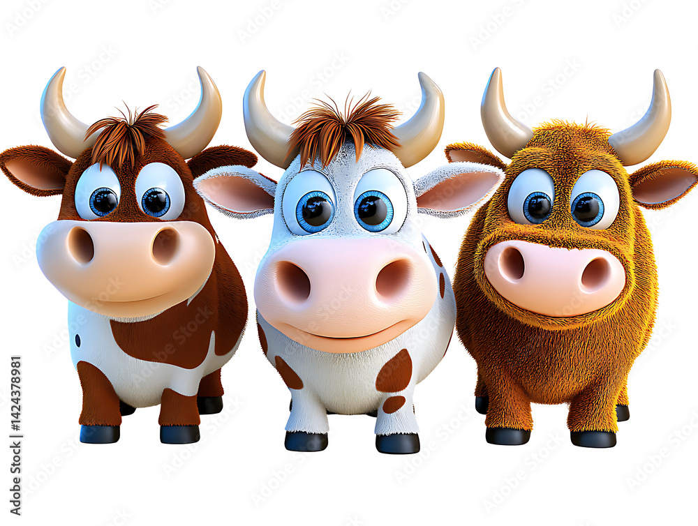 Cute cartoon cows with big eyes farm setting digital art playful environment front view Cute cartoon cows with big eyes farm setting digital art playful environment front view