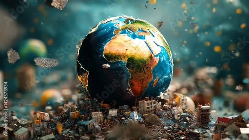 Vibrant Globe Depicts Earth Amidst Urban Debris, Highlighting Environmental Pollution