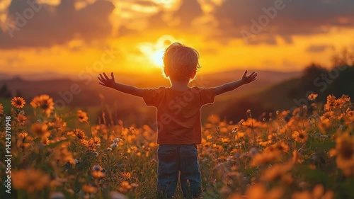 Child in Field of Flowers Embracing Sunset, Radiating Happiness and Joy in Nature
